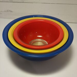 Set of 3 Vtg 1980s Pyrex Primary Colors Clear Bottom Nesting Mixing Bowls